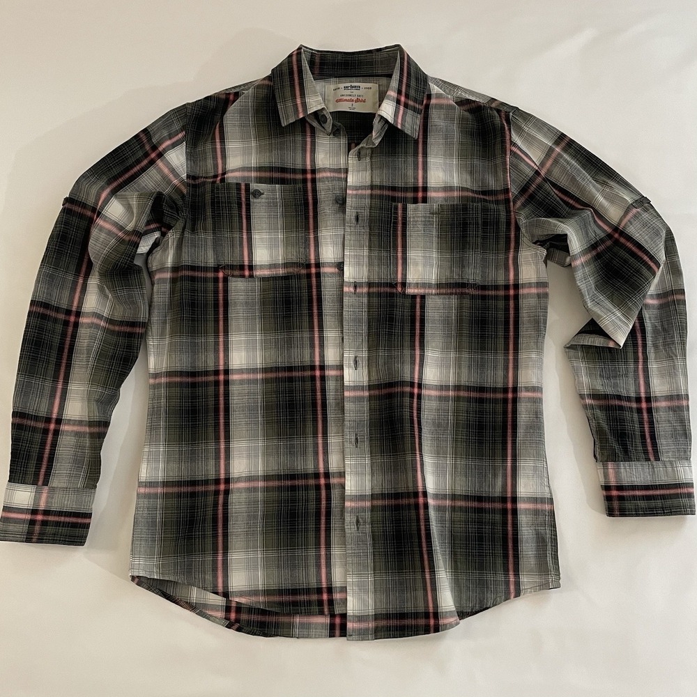 Men's Urban Pipeline Ultimate Shirt Black Gray Red Plaid Button-Up Long Sleeve S